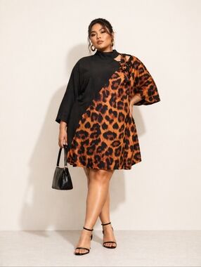 Leopard Print Mini Dress/ Tunic with Black Panel Cold Shoulder